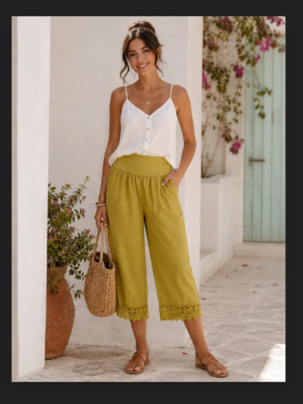 Alessia Pacini Yellow Linen Crochet Cropped Pants Wide Leg Lace Loose Small